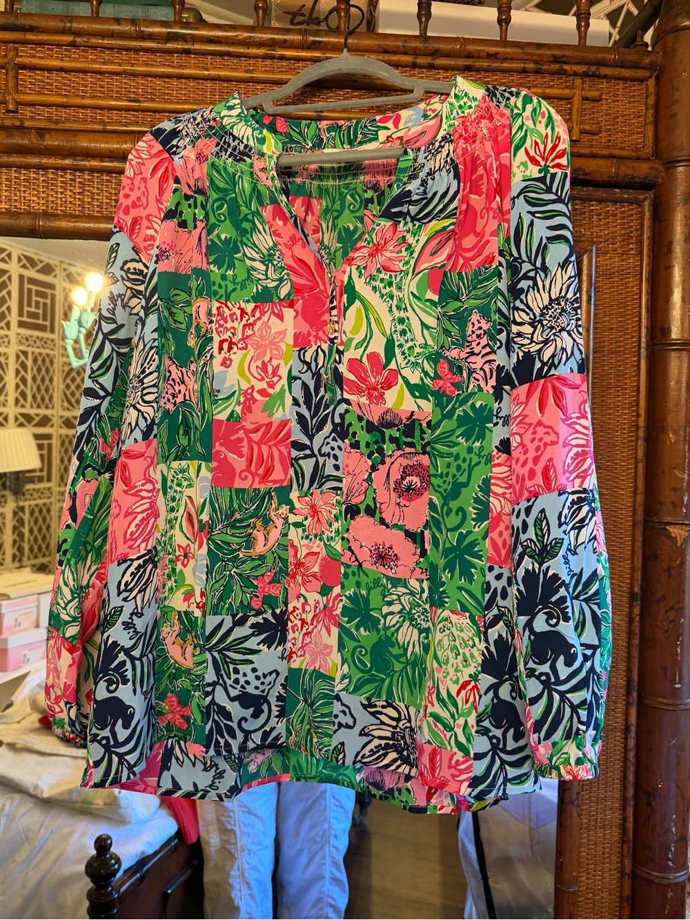 Lilly Pulitzer Elsa Silk Blouse in Multi Party Punch Patch, XL